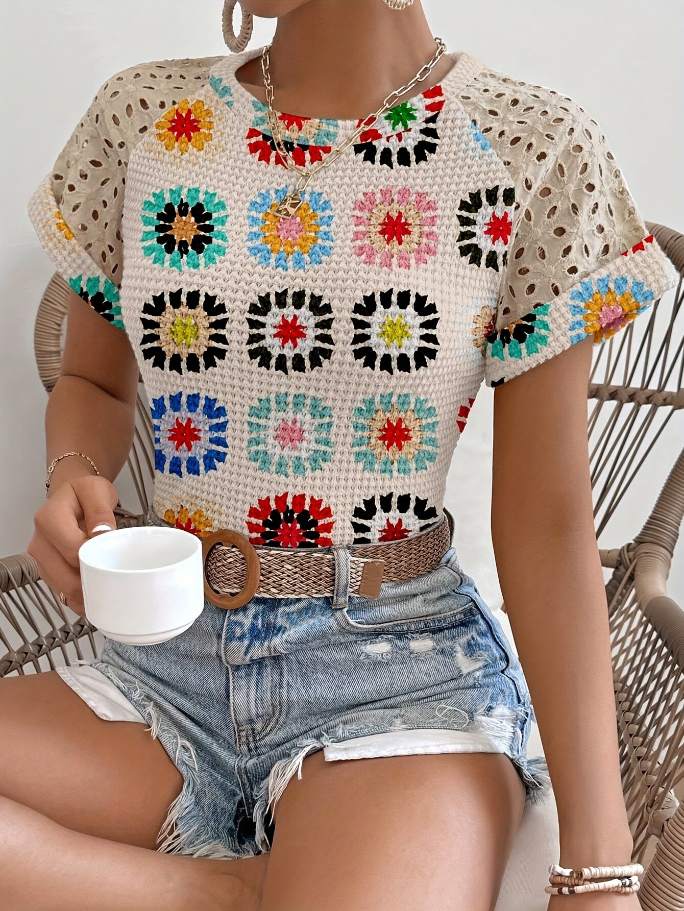 Women's Stylish Geometric Print T-Shirt with Lace Sleeves & Color Block Cuffs - Lightweight Polyester Blend for Spring, Summer & Fall - Machine Washable Casual Top, Casual Summer Top | Lace Sleeves Top | Trendy Tshirt